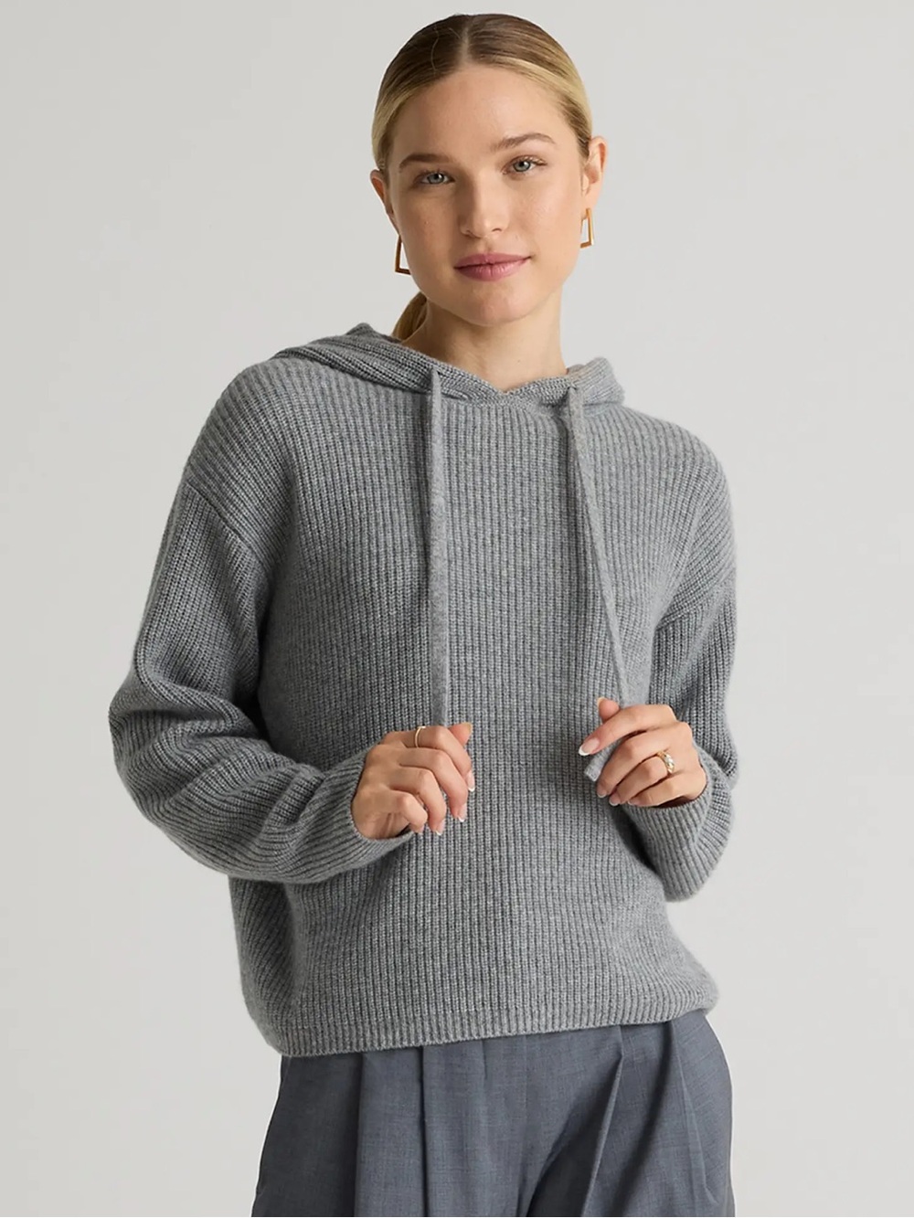 Quince Mongolian Cashmere Fisherman Pullover Hoodie heather gray size medium